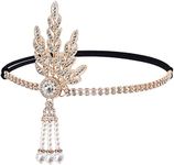 GORTIN 1920's Flapper Headband Leaf Rhiestones Headpiece Pearl Tassel Bride Wedding Headdress Head Bands Bridal Flapper Hair Accessories Head Chain for Women and Girls (Gold)