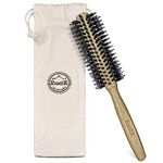 Wooden Round Hair Brush and Cotton Travel Bag by RustiK, Boar Bristles, Curl Enhancing, Blow Drying, Styling, Adding Volume/Shine. Woodcrafted For Men and Women.