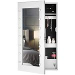 White Mirror Jewellery Armoire with LED Light Bulbs Battery Powered Cosmetic Cabinet Makeup Storage Organiser Shelves Earring Hooks Ring Necklace Holder Dressing Room Bedroom Furniture