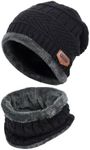 2 Pcs Winter Beanie Hats Scarf Set,MH MOIHSING Stretch Warm Knitted Beanie Hat&Scarf Set 2 in 1 Stylish Knit Skull Cap Neck Warmers Knit Hat Thick Fleece Lining Winter Cap Scarves for Men Women,Black