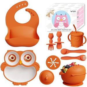 Baby Led Weaning Supplies, 10 Pack Silicone Baby Feeding Set - Baby Bowls and Plates with Suction, Toddler Spoons and Fork, Toddler Cups with Replaceable Lids (Orange)