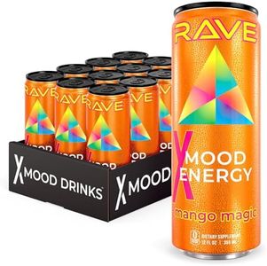 RAVE Mood Energy Drink is Mind Blowingly Different. With Mood-Boosting Functional Mushrooms, Nootropics, Adaptogens & B Vitamins. Experience Mind & Body Rush! 225mg Caffeine - Electrolytes - Zero Calories - Delicious Mango Magic Flavor - 12 fl oz – 12 Pack