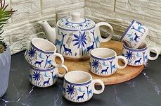 Amazecart Hand Crafted Alive Printing Work Tea/Coffee Set of 7 Pcs(6 Cups & 1 Tea Pot) (Tea set-02)