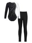 FEESHOW Children Girls Gymnastic Dance Leotard with Leggings Set Ballet Dance Outfits Ice Skating Competition Active Bodysuit White&Black B 13-14 Years