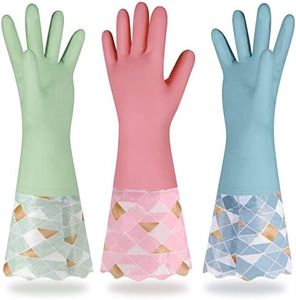 Yiomxhi Household Cleaning Gloves 3 Pairs Reusable Dishwashing Gloves Latex Free, Non-Slip Kitchen Gloves with Cotton Lined, Waterproof Dish Washing Gloves