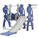 FUKEA Baby Swing Slide, 5-in-1 Toddler Slide and Swing Set with Musical Story Box, Climb Frame, Basketball Hoop, Outdoor Indoor Kids Slide for Toddler Age 1-3, Baby Garden Swing