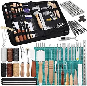 BAGERLA Leather Craft Tools, 60 Pieces Working Tools and Supplies with Storage Bag Cutting Mat Prong Punch Groover Edge Creser Stamping Carving Knife Awl Hammer for Making DIY Sewing