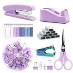 Purple Office Supplies Set, UPIHO Stapler and Tape Dispenser Set, Office Desk Accessories Kit with Stapler, Tape, Remover, Staples, Clips, Scissor and Tabs for Women, Clerks…