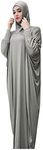 Women's Solid Muslim One-Piece Prayer Dress Muslim Abaya Dress Islamic Maxi Abaya Kaftan with Hijab Full Length Dress, Gray, One Size