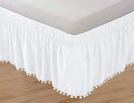 Elegant Comfort Top-Knot Tassle Pompom Fringe Ruffle Skirt Around Style Elastic Bed Wrap- Wrinkle Resistant 16 inch Drop, Twin/Full, White