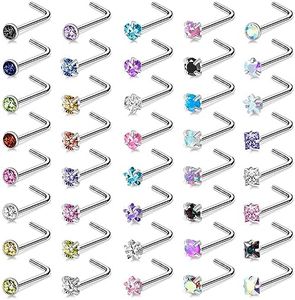 ONESING 40 Pcs 20G Nose Rings Studs L Shape Nose Rings for Women Nose Piercings Jewelry Surgical Stainless Steel Nose Studs Hypoallergenic Body Piercing Jewelry for Women Men