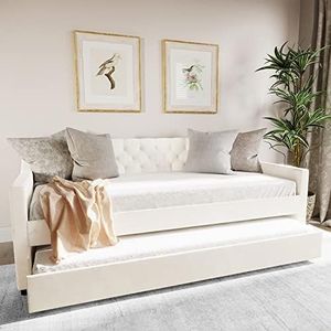 Sofa Functional Daybed Velvet Single Size Wooden Timber with Trundle Bed Frame, Cream White