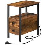 HOOBRO Side Table, Narrow Bedside Table with Charging Station, USB Ports and Power Outlets, Slim Side Table for Small Spaces, 2 Drawers, Industrial Nightstand, Rustic Brown and Black EBF548KBZ01G1