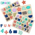 Wooden Puzzles for Kids 3-5, Wood Alphabet ABC Number and Shape Puzzles Toddlers Preschool Early Learning Puzzle Board Toys for Boys Girls Ages 3 4 5 6 Year Old (Set of 3)