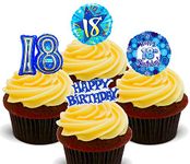 Made4You 18th Birthday Boy - Blue Edible Cake Decorations- Stand-up Wafer Cupcake Toppers (Pack of 24)