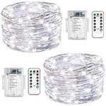 FANSIR Fairy String Lights, 2 Set 33ft 100 Led Fairy Lights Battery Operated Silver Wire Lights with Remote Control, 8 Mode Waterproof Lights for Home Garden Bedroom Centerpiece Wedding Party (white)