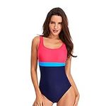 Womens One Piece Swimsuit Tummy Control Swimming Costume Slimming Monokini Push Up Swimwear Splicing Striped Sports Scoopback Bathing Suit with Removable Foam Cups Athletic Padded Swimsuits