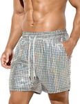 Casey Kevin Men's Metallic Shorts Shiny Rave Shorts with Pockets, CK3117-Silver, L
