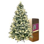 SHATCHI Pre-Lit Artificial Christmas Tree Lapland Fir-LED Lights, Snow Flocked PE/PVC Tips, Snowy Bushy Hinged Branches, Metal Stand for Xmas Home Decorations, Warm White, 210cm