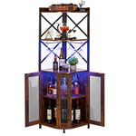 JKsmart Corner Bar Cabinet with LED Lights, 5-Tier Industrial Wine Bar Cabinet with Glass Holder, Farmhouse Liquor Cabinet with Adjustable Shelf, Home Bar for Coffee Bar Cabinet, Rustic Brown
