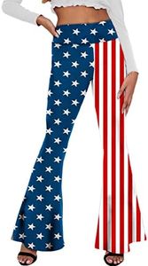 Deerose American Flag Flare Pants for Women July 4th Patriotic High Waist Wide Leg Bell Bottom Pants L