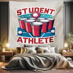 Ambesonne Funny Tapestry King Size, Beer Pong Themed Design with Humorous Athlete Lettering in Retro Style, Wall Hanging Bedspread Bed Cover Wall Decor, 104" X 88", Dark Pink Blue and Red