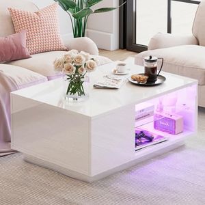 AMERLIFE LED Coffee Table with 20-Color Light, Modern High Gloss Center Table with Glass Shelf Storage for Living Room, Remote Control, White