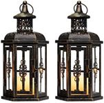 JHY DESIGN Set of 2 Decorative Lanterns 25cm High Vintage Style Hanging Lantern Metal Candle Holder for Garden Living Room Indoor Outdoor Parties Weddings Black with Gold Brush