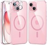 FNTCASE for iPhone 15 Phone Case: Defender Magnetic Clear Case with Camera Lens Protector Anti Yellowing Drop Protection Robust Shockproof Cell Phone Cover for iPhone 15 Case 6.1 Inch Pink Clear