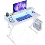 BEXEVUE Gaming Desk with Power Outlets LED - 40 inch Ergonomic Computer Gamer Table, PC Monitor Stand, X Frame, Headphone Hook, Workstation for Study Bedroom Home Office, White