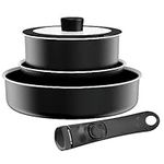 JEETEE Nonstick Pots and Pans Set with Removable/Detackable Handle RV Pots Induction Cookware Stackable Cookware Set for Camping, PFOA Free, Dishwasher/Oven Safe (Black, 10pcs Cookware Set)