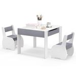 COSTWAY Kids Table and Chair Set, Wooden Children Study Desk with 2 Chairs, Reversible Blackboard Tabletop & Hidden Storage, 3PCS Toddler Activity Furniture for Learning, Drawing, Dining (Gray+White)