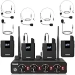 TONOR Wireless Microphones System with UHF Headset/Lavalier Lapel Mics, Bodypack Transmitter, Receiver, 4 * 10 Channels, 200ft Range for Church Conference Performance Singing Karaoke PA Speaker Mixer