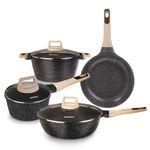 AGARO Imperial Granite Non Stick Cookware Set, 4pcs Cookware Set, 24cm Fry Pan & Casserole with Lid, 16cm Sauce pan with Lid, 28cm Deep Fry Pan with Lid, Cast Aluminium, Gas & Induction Compatible.