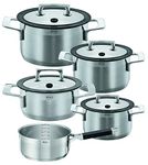 RÖSLE 91392 Topfset 5tlg. Edelstahl INKL. Stielkasserolle mit Silikongriff Cookware Set Silence, 54.5 x 31 x 22 cm, Stainless Steel