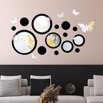 24 pcs Mirror Wall Sticker Sliver Red Decal, DIY Removable Effect Wall Decals Butterfly & Round Acrylic Mirror Setting for Home Living Room Bedroom Decor, Black