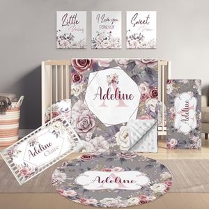 Terwex Personalized Baby Crib Bedding Set, 5 Pcs Custom Name Bedding Crib Sets for Girls Boys - Nursery Bedding Sets for Crib, Soft Toddler Crib Sets for Infant Customized Gifts, Rose