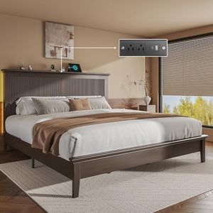 Lifezone King Bed Frame with Headboard, Solid Wood Bed Frame King Size with Charging Station & RGB LED, Wood Slats Support, Noise-Free, Sturdy Structure, Easy Assembly, Walnut