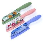 AGARO Knife Set, Printed Knife Set, Stainless Steel Knife for Kitchen Use, Home Use, Santoku Knife, Non-Slip Handle, Plastic Cover, Cutting, Slicing, Chopping, Set of 3 (Blue, Green, Pink).