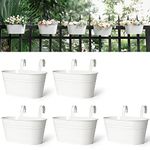 Dahey Metal Iron Hanging Flower Pots for Railing Fence Outdoor Planters Hanging Bucket Pots Countryside Style Window Flower Plant Holder with Detachable Hooks Home Decor,White,5 Pcs