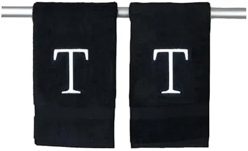 Black and White Bathroom Hand Towel - Monogrammed Luxury Hotel Quality Decorative Embroidered Towel for Powder Room, Spa - GOTS Organic Certified - Set of 2 Letter T