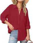 Zeagoo Button Down Shirts for Women Linen Cotton Tunic Tops for Mature Women Wine Red