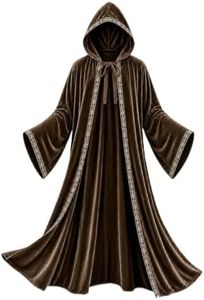 JPXH Adult Hooded Wizard Robe Costume, Velvet Cloak with Gold Trim