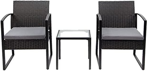 N&V Wicker Patio Furniture Bistro Sets Outdoor Conversation Chair with Glass Table and Cushions for Porch Backyard Garden(Gray)