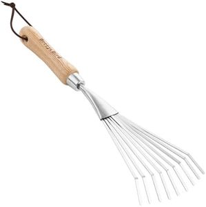 Berry&Bird Gardening Hand Shrub Rake, 37.3cm/14.in Stainless Steel Grass Rake, 9 Tines Fan Lawn Leaf Rake with Ergonomic Wooden Handle, Small Rake for Sweep Leaves Loose Debris in Garden Lawns Yards