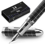 Wordsworth & Black Majesti Fountain Pen, Medium Nib, Includes 24 Ink Cartridges and Ink Refill Converter, Gift Case, Journaling, Calligraphy, Smooth Writing [Checked Chrome], Perfect for Men and Women