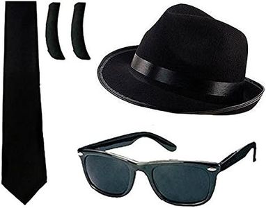 Déguisement accessoires des frêres qui ont le blues avec un chapeau feutre noir + des favoris + une cravate + une paire de lunettes noires pour adulte. Idéal pour les enterrements de vie garçon.