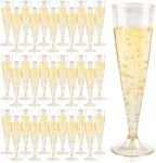 Qeirudu 50 Pack Plastic Champagne Flutes, 4.5 oz Gold Glitter Champagne Glasses Disposable Toasting Glass for Party Wedding Baby Shower Mimosa Bar Supplies