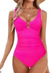 BMJL Women's Tummy Control Swimsuits Ruched Slimming One Piece Bathing Suit Deep V Neck Swimsuit(M,Hot Pink)