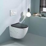 BASSINO Ceramic Commode Wall Mount/Wall Hung Western Toilet With Soft Close Seat Cover (490X370X370 MM, WHITE MARBLE GLOSSY) BTT-WH-69